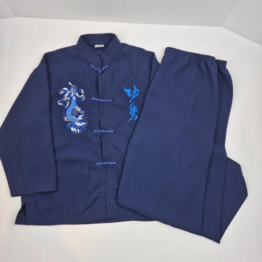 Vtg Mimi Kids Dragon Embroidered Asian Outfit Set‎ Navy Blue Top Pants Sz 10 Y2K